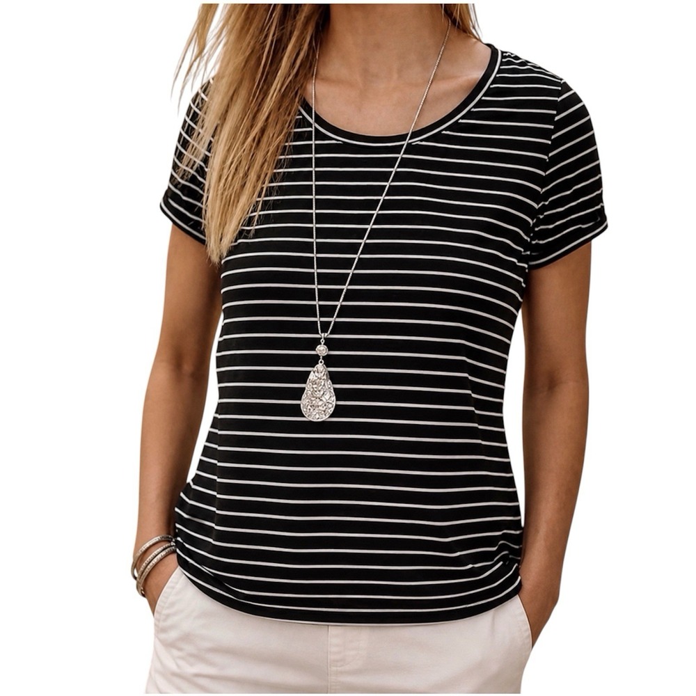 J Jill Everyday Cotton Tee Top.Black White Stripe Rolled Cuffs Cotton. Sz L